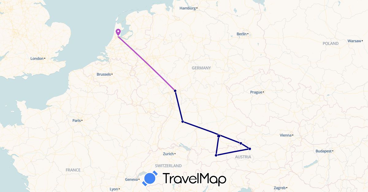 TravelMap itinerary: driving, train in Austria, Germany, Netherlands (Europe)